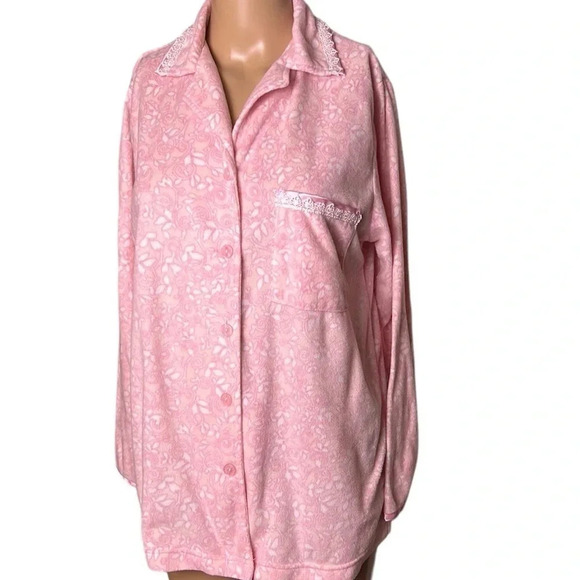 Carroll Reid pyjamas,sleepwear set.Pink flannel ,floral embroidered ,satin trim - Picture 3 of 14